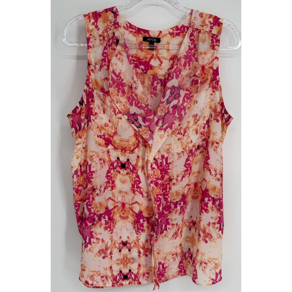 Apt 9 Womens Pink Orange Abstract Floral Ruffle‎ Front Sleeveless Blouse Sz L